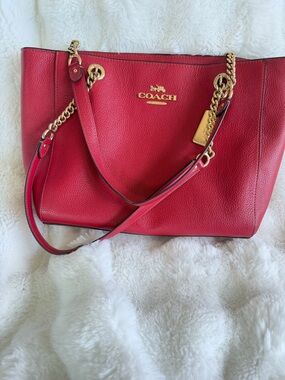 Coach Red Pebbled Leather Chain Strap Tote